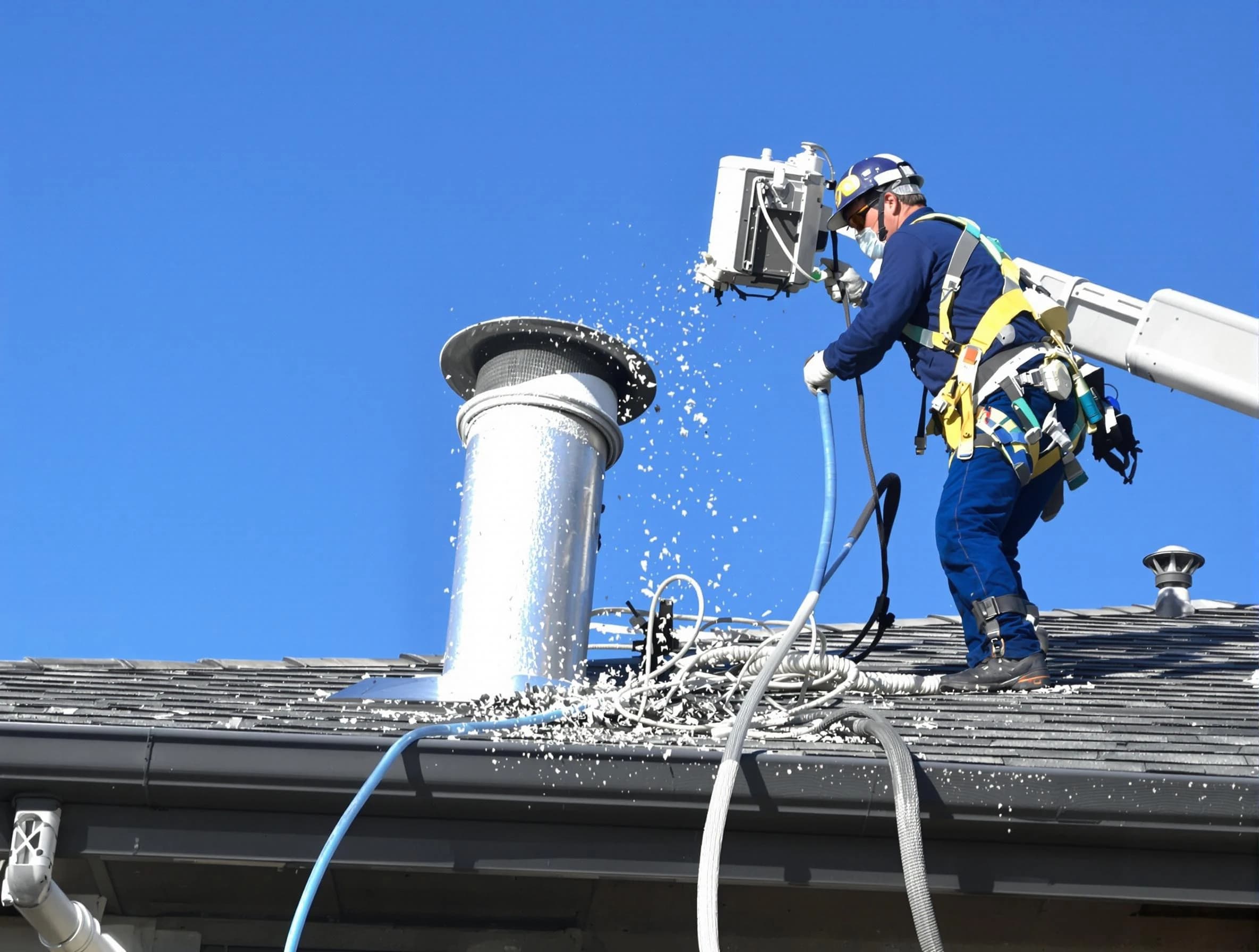 Lake Land'Or Dryer Vent Cleaning certified technician safely cleaning a roof-mounted dryer vent in Lake Land'Or